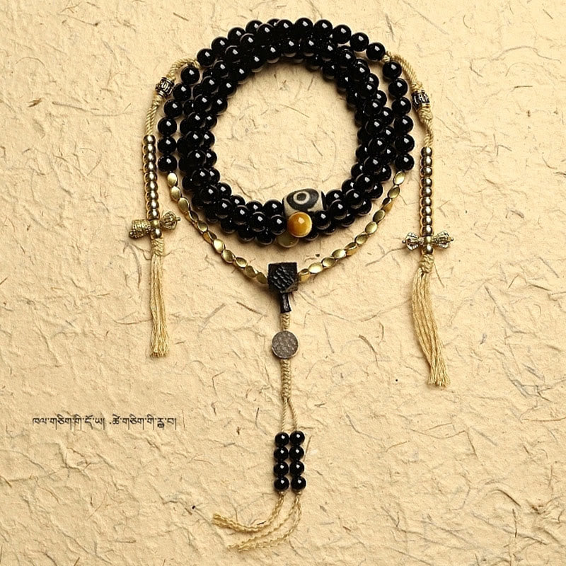 Buddha Stones Tibetano 108 Mala Beads Onice Nero Tre Occhi Dzi Beads Bracciale di Protezione - image 9