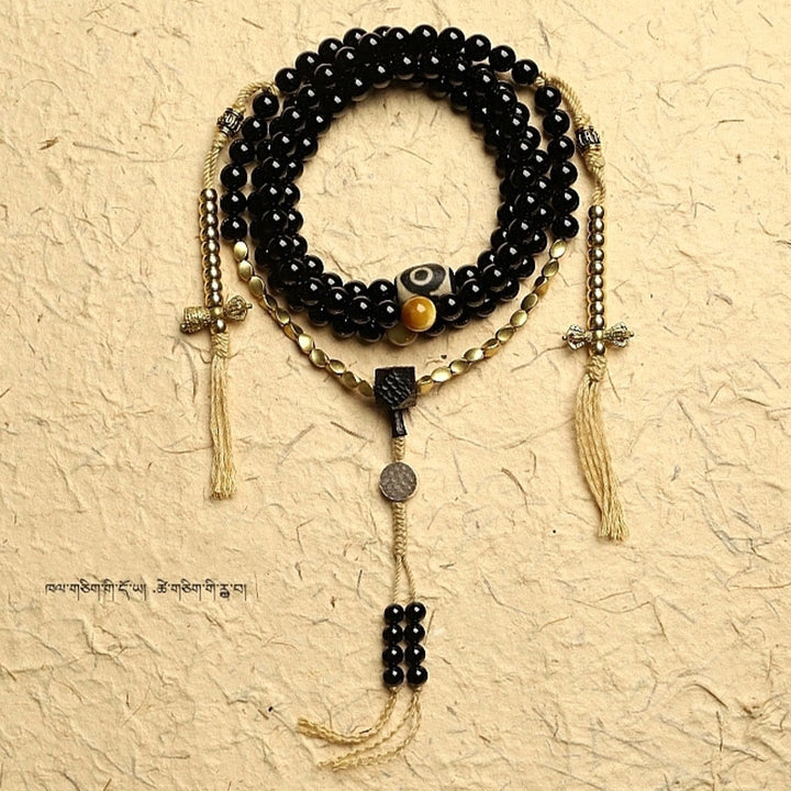 Buddha Stones Tibetano 108 Mala Beads Onice Nero Tre Occhi Dzi Beads Bracciale di Protezione - image 9