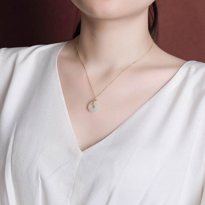 Buddha Stones 925 Sterling Silver Natural Hetian Jade Ginkgo Leaf Peace Buckle Luck Necklace Pendant - image 4