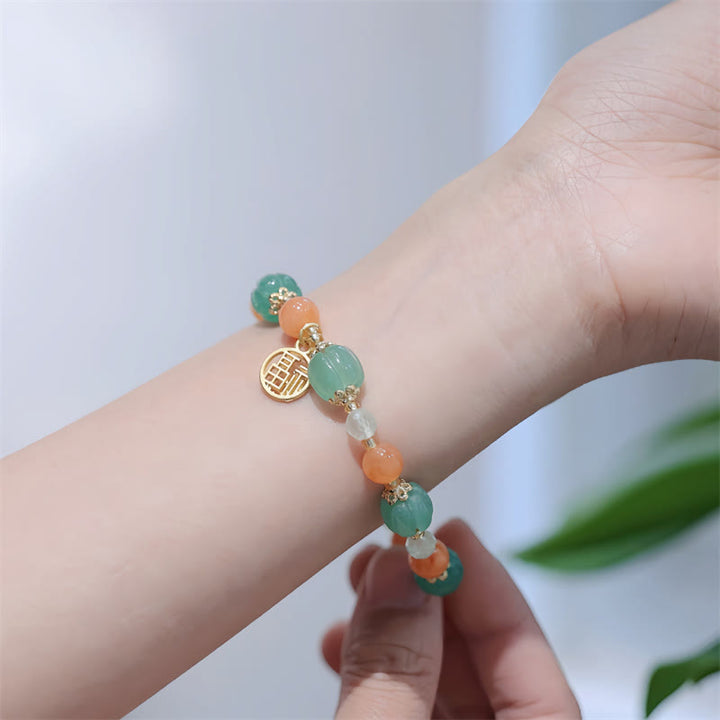 Buddha Stones Natural Golden Silk Jade Zucca Perlina Fu Carattere Charm Bracciale Ricchezza