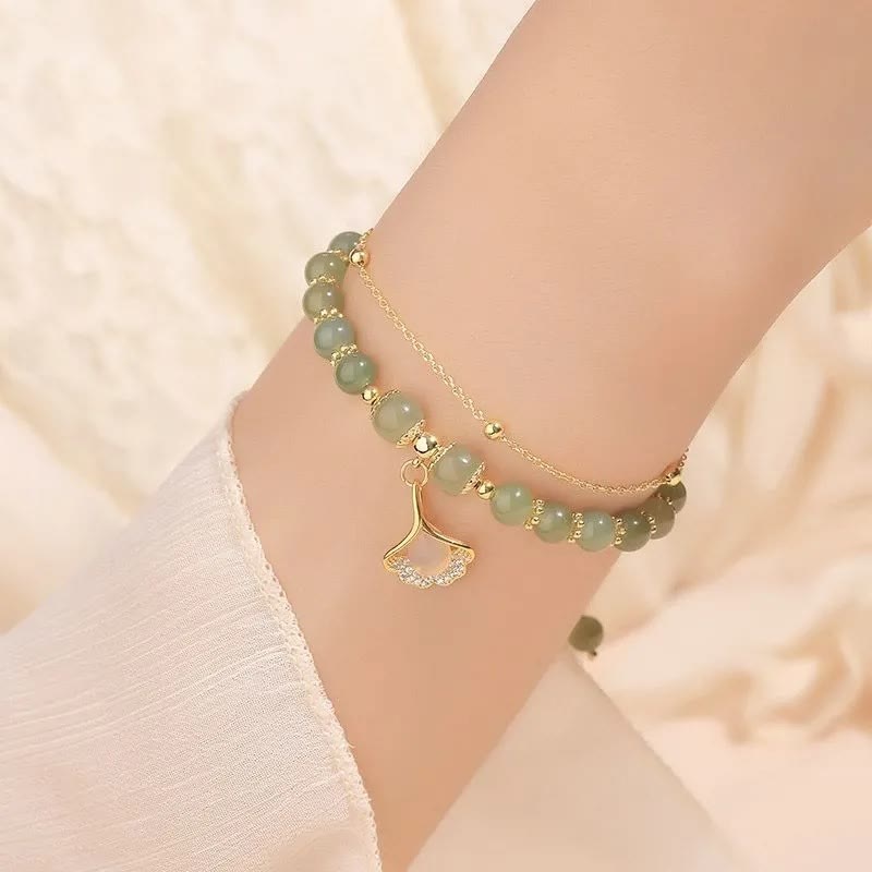 Braccialetto di perline con carattere Fu , Buddha Stones di giada, foglia di ginkgo, tulipano, arachidi e fortuna - image 10