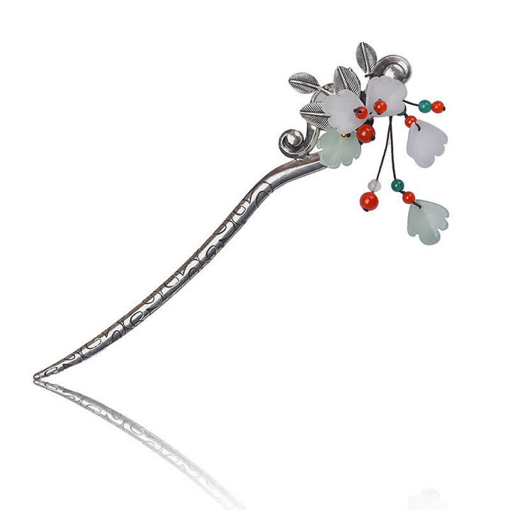 Forcina per capelli con nappa a forma di fiore di agata rossa, foglia, calma e sicurezza