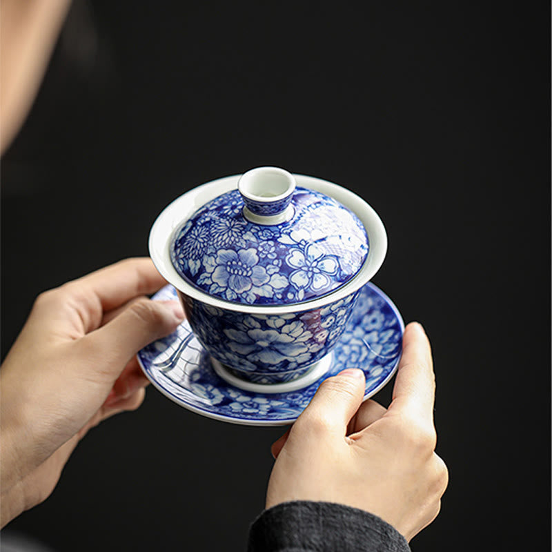 Buddha Stones Vintage Blu e Bianco Porcellana Ceramica Gaiwan Sancai Tazza da Tè Kung Fu Tazza da Tè e Piattino con Coperchio