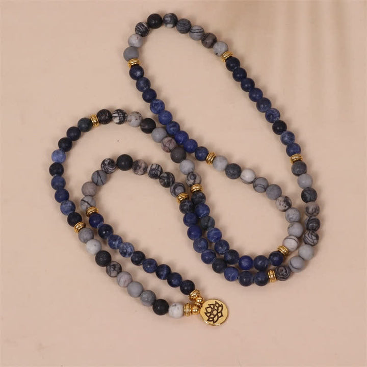 Buddha Stones 108 Mala Beads Sodalite Zebra Jasper Cristallo Lotus Strength Bracciale