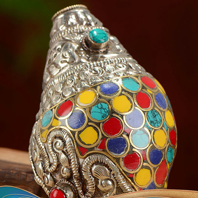Decorazione per la casa fatta a mano in conchiglia naturale Shankha colorata tibetana, conchiglia di mare, ricchezza - image 8