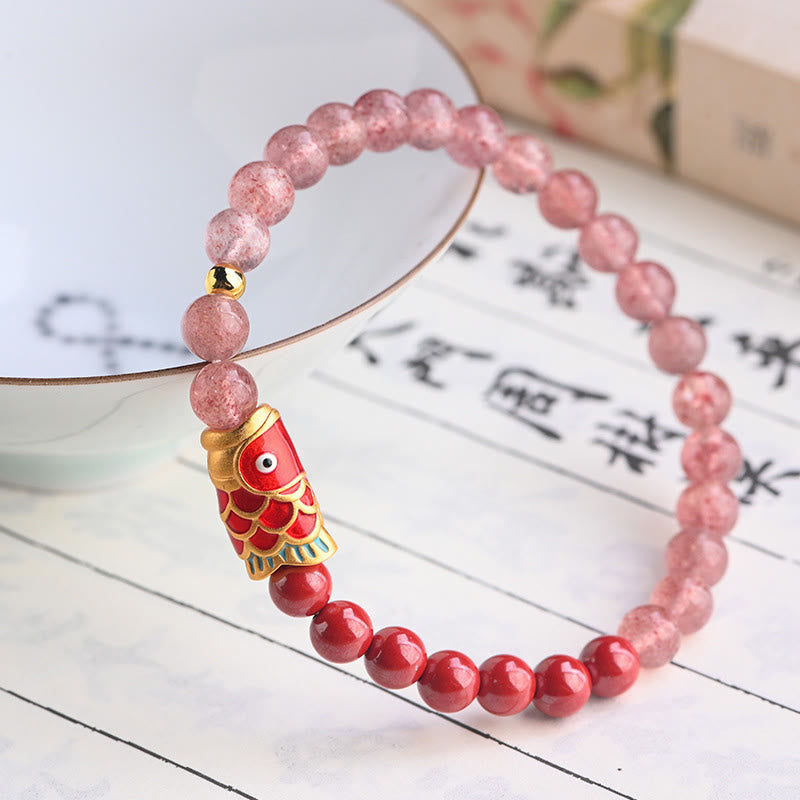 Braccialetto curativo con pesce koi portafortuna in quarzo fragola naturale cinabro Buddha Stones