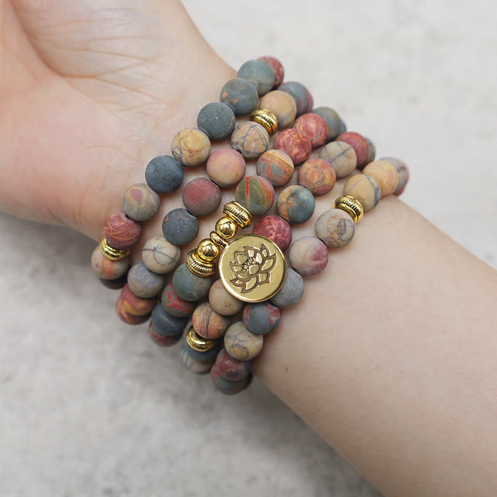 Buddha Stones 108 Mala Beads Picasso Jasper Stone Braccialetto energetico del coraggio - image 4