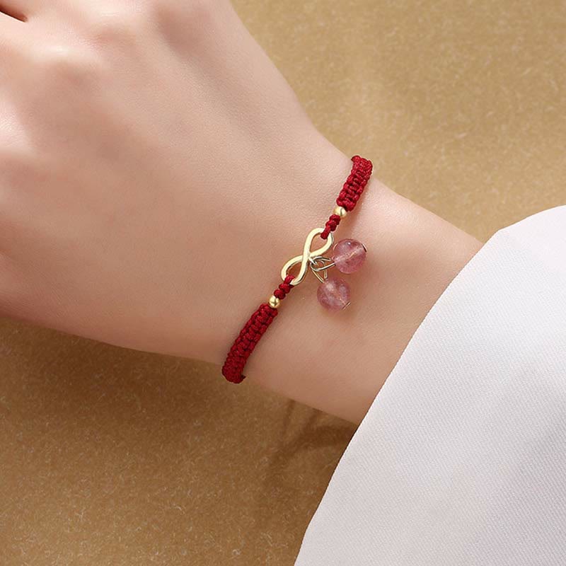 Braccialetto intrecciato con corda rossa, cristallo di quarzo fragola, nodo infinito, guarigione dell'amore, Buddha Stones