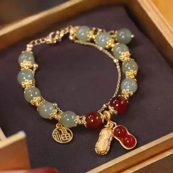 Braccialetto di perline con carattere Fu , Buddha Stones di giada, foglia di ginkgo, tulipano, arachidi e fortuna - Personaggio Peanut Fu e perlina rossa di giada - image 16