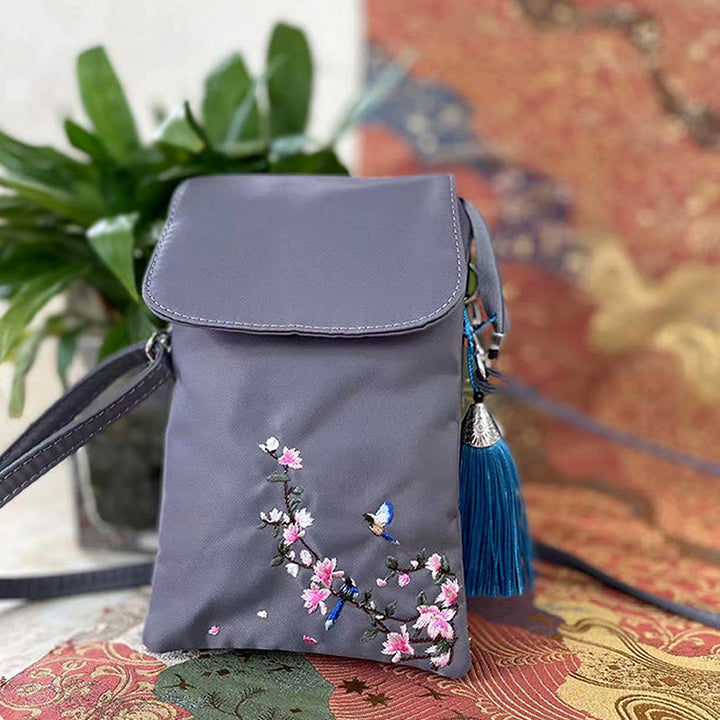 Borsa a tracolla con fiori di loto ricamati a mano, impermeabile , Buddha Stones , borsa per cellulare