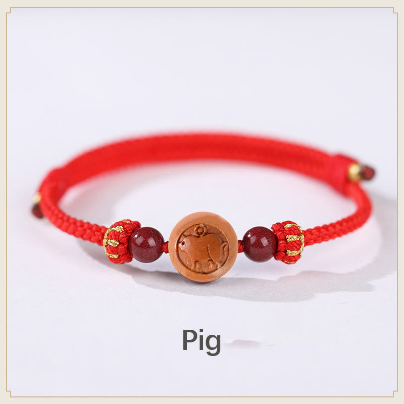 Braccialetto della ricchezza in cinabro intagliato con carattere dello zodiaco cinese Fu in legno di pesca naturale Buddha Stones - Rosso maiale (circonferenza del polso 14-18 cm) - image 10