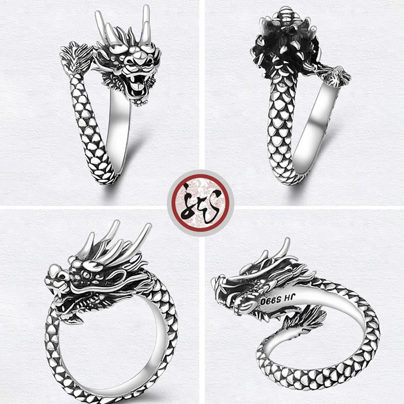 Anello regolabile Buddha Stones 990 Sterling Silver Vintage Dragon Design Luck Protection Strength - image 9