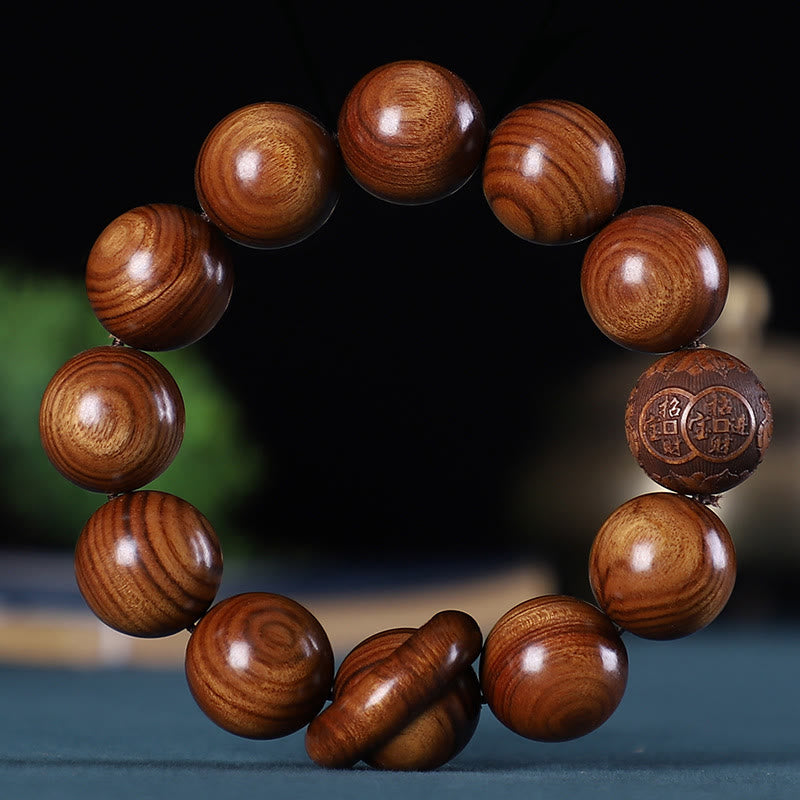 Buddha Stones Zodiaco cinese Palissandro Legno di sandalo verde Legno di ebano Moneta di rame intagliata Bracciale calmo - Palissandro - image 1