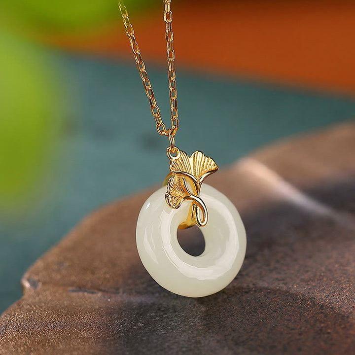 Buddha Stones 925 Sterling Silver Natural Hetian Jade Ginkgo Leaf Peace Buckle Luck Necklace Pendant - Giada Hetian (Prosperità♥Abbondanza) - image 0