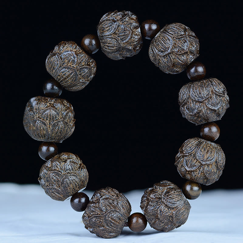 Braccialetto di equilibrio inciso Buddha Stones, legno di ebano, diciotto Arhat, drago di loto
