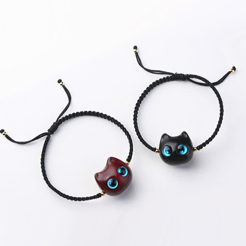 Braccialetto intrecciato con testa di gatto, piccola foglia, sandalo rosso, ebano, protezione calma, Buddha Stones - image 18