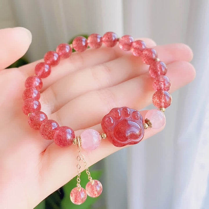 Braccialetto dell'amore con zampa di gatto portafortuna in cristallo rosa e quarzo fragola naturale Buddha Stones - image 3