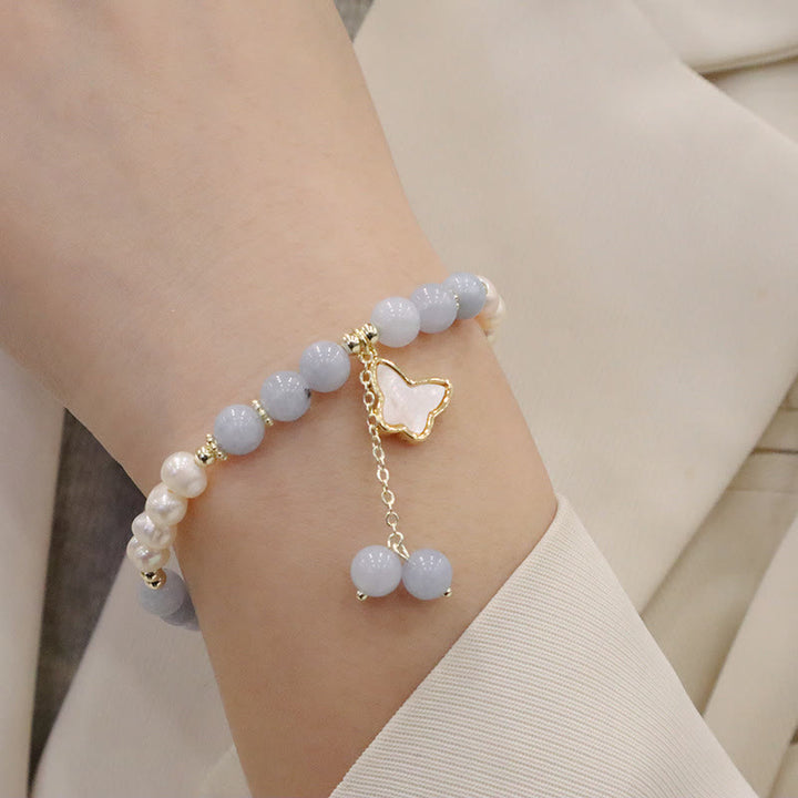 Braccialetto con ciondolo a forma di farfalla con foglia di ginkgo e perle di acquamarina naturale Buddha Stones