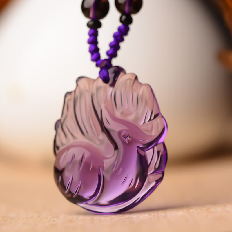 Collana con ciondolo portafortuna a forma di volpe a nove code, in cristallo bianco, ametista naturale, citrino e Buddha Stones