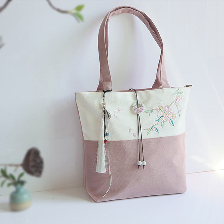 Borsa a tracolla grande capacità in tela con ricamo in bambù, prugna, fiore di pera, pesco - image 33