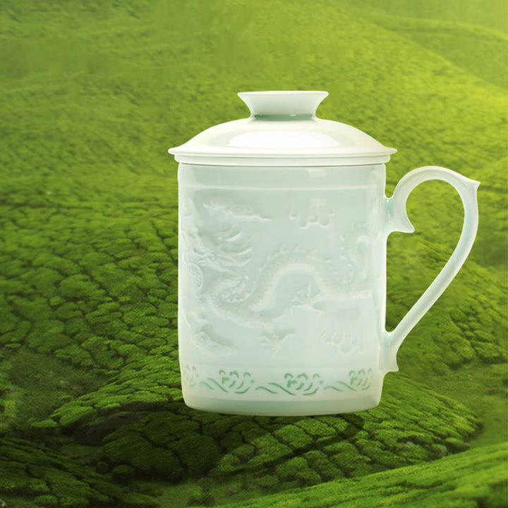 Buddha Stones Jingdezhen Linglong Porcellana Drago di Buon Auspicio Barca Fenice Navigazione Liscia Tazza da Tè in Ceramica Tazze da Tè da Ufficio 420ml