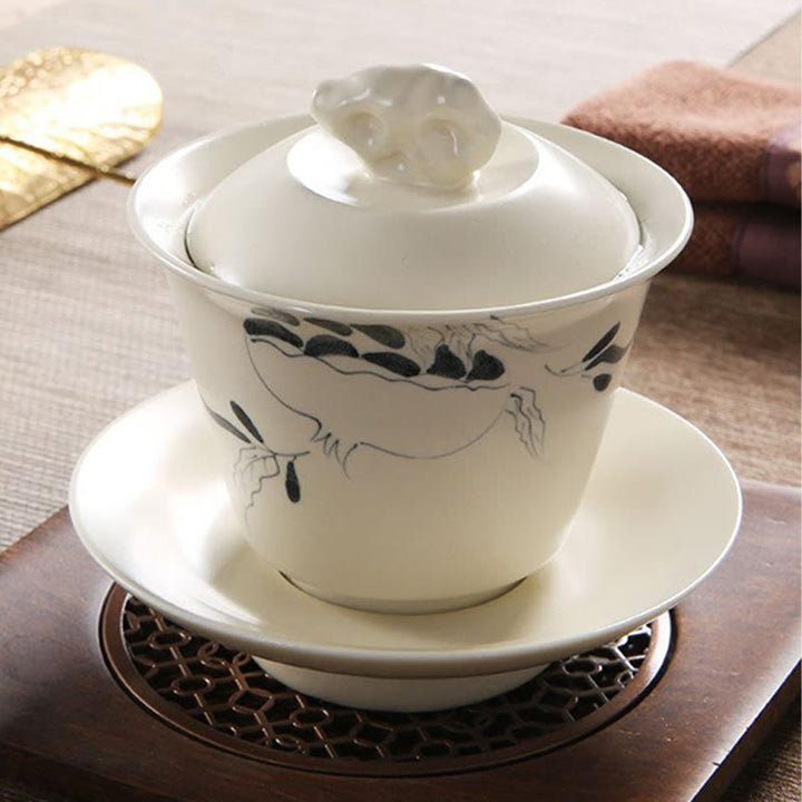 Buddha Stones dipinto a mano melograno ibisco pino loto ceramica gaiwan sancai tazza da tè kung fu tazza da tè e piattino con coperchio