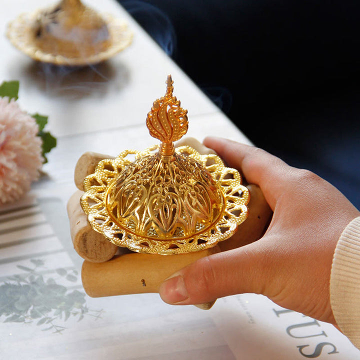 Mini bruciatore di incenso curativo in lega d'oro con sottobicchiere in legno, decorazione per la casa