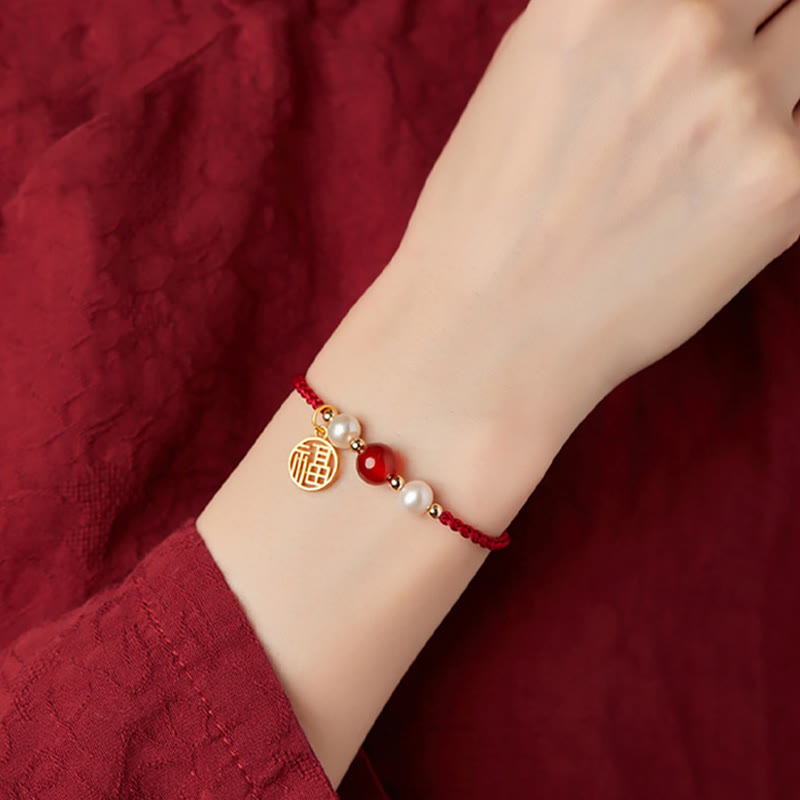 Braccialetto intrecciato in corda rossa con perle di agata e carattere Fu in argento sterling 925 con pietre Buddha Stones - image 11