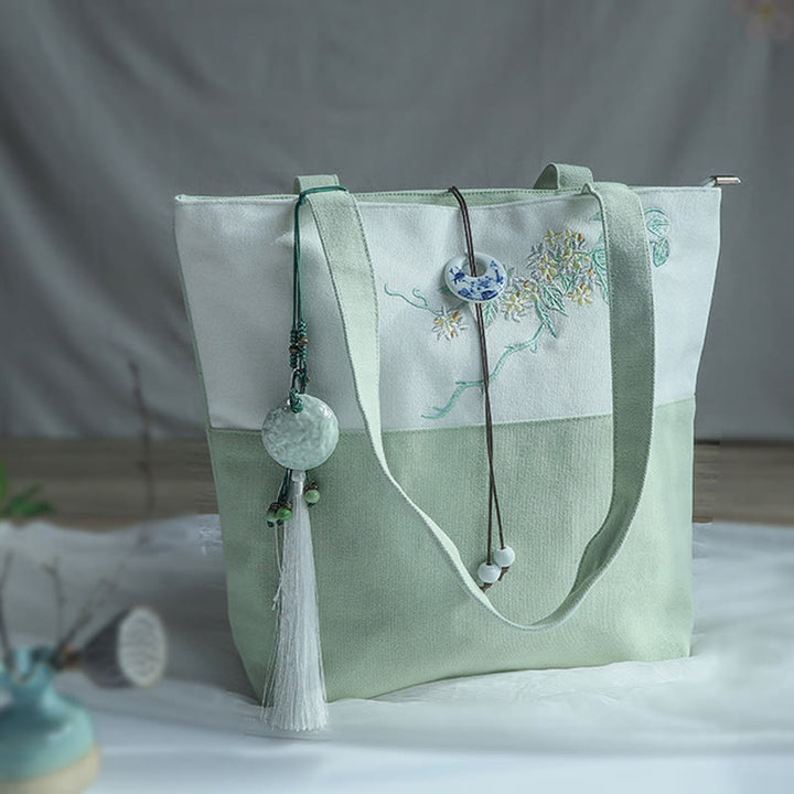 Borsa a tracolla grande capacità in tela con ricamo in bambù, prugna, fiore di pera, pesco - image 37