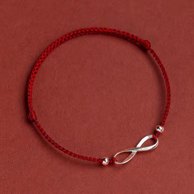 Buddha Stones 925 Sterling Silver Endless Knot Protezione Fortuna Braccialetto Cavigliera Corda Rossa - Rosso scuro - Cavigliera (circonferenza della cavigliera 20-25 cm) - image 16
