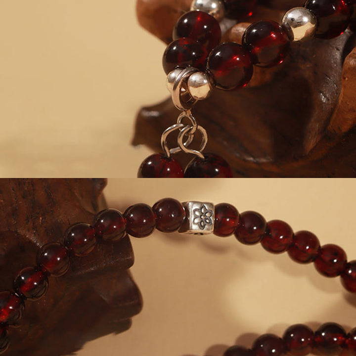 Braccialetto triplo giro Buddha Stones in argento sterling 925 con granato naturale e protezione per gli occhi di gatto - image 5