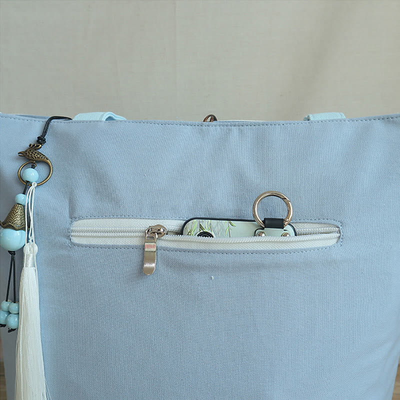 Borsa a tracolla grande capacità in tela con ricamo in bambù, prugna, fiore di pera, pesco - image 11