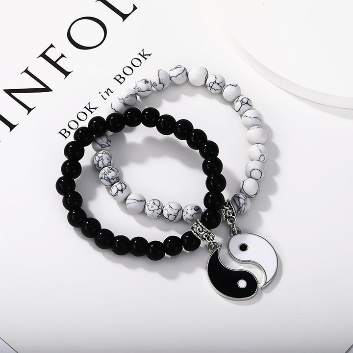 Buddha Stones 2 pezzi Braccialetto di coppia di protezione Yin Yang con perline di turchese bianco e onice nero