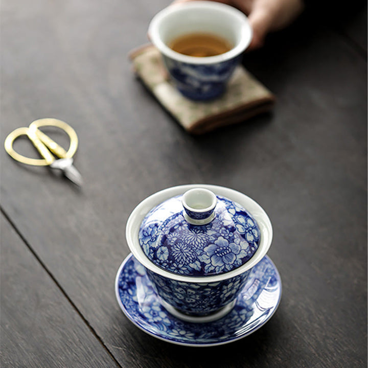 Buddha Stones Vintage Blu e Bianco Porcellana Ceramica Gaiwan Sancai Tazza da Tè Kung Fu Tazza da Tè e Piattino con Coperchio