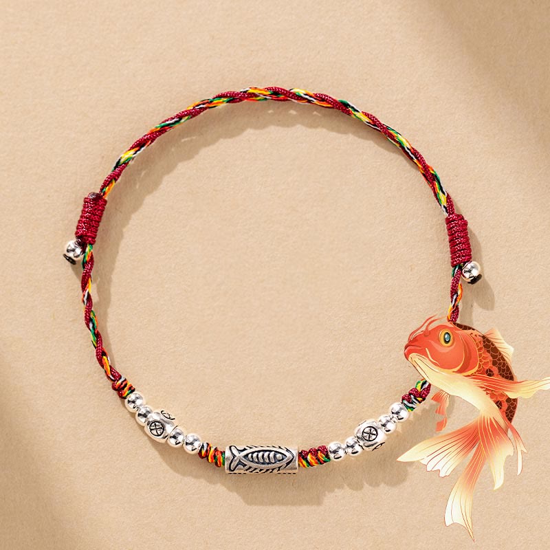 Buddha Stones 925 Sterling Silver Luck Koi Fish Braccialetto alla caviglia intrecciato con corda colorata - Braccialetto (circonferenza polso 15-20 cm) - image 0