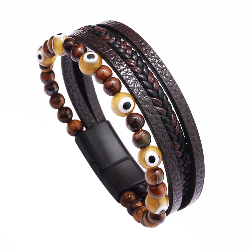 Braccialetto intrecciato multistrato con perline e protezione dell'occhio di tigre Buddha Stones e occhio maligno