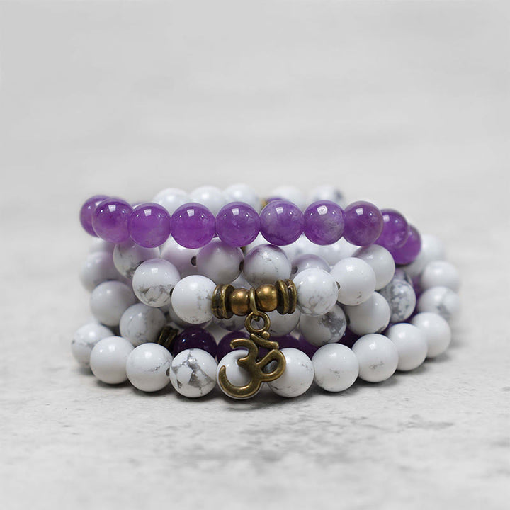 Buddha Stones 108 Mala Beads Ametista Bianco Turchese OM Braccialetto energetico per meditazione curativa - image 3