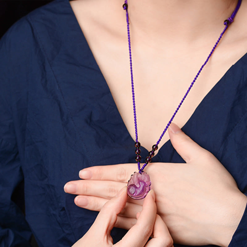 Collana con ciondolo portafortuna a forma di volpe a nove code, in cristallo bianco, ametista naturale, citrino e Buddha Stones