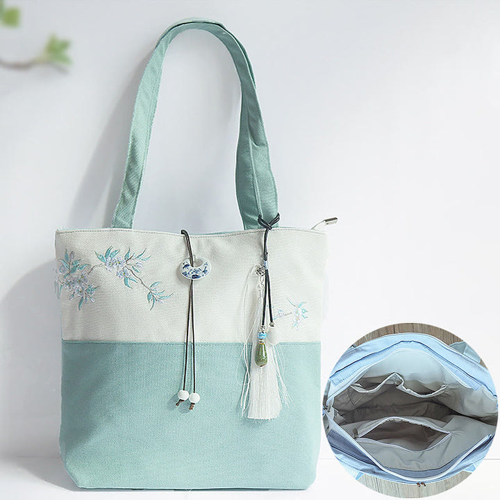 Borsa a tracolla grande capacità in tela con ricamo in bambù, prugna, fiore di pera, pesco - image 2