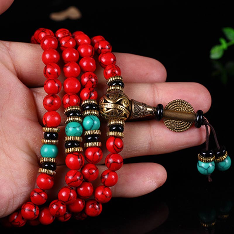 Buddha Stones Mala Tibetano Turchese Rosso Collana Fortunata Bracciale - image 9