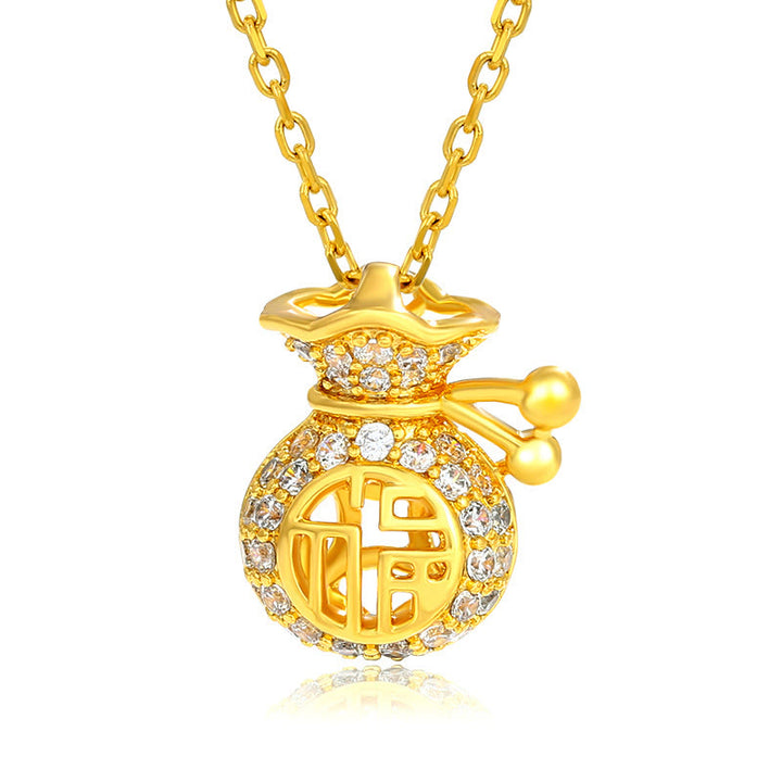 Collana con ciondolo a forma di sacchetto di soldi della fortuna del personaggio Fu placcato in oro 24K