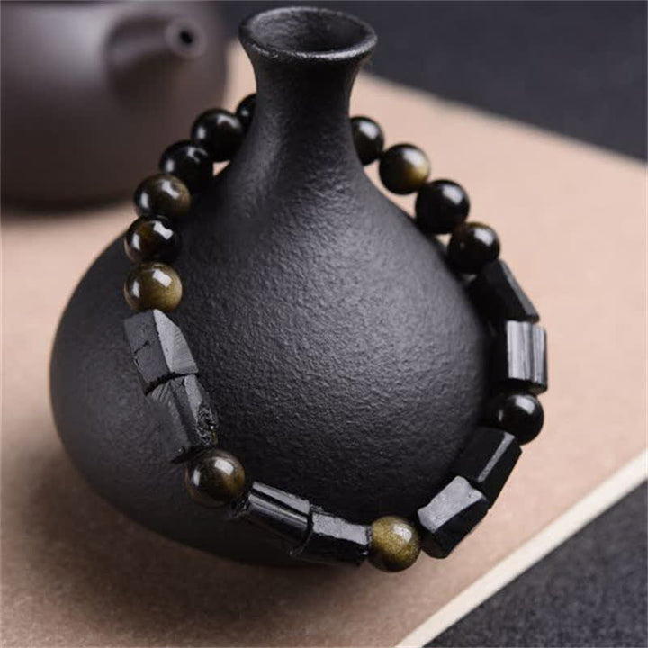 Bracciale Buddha Stones Oro Sheen Ossidiana Tormalina Nera Ricchezza