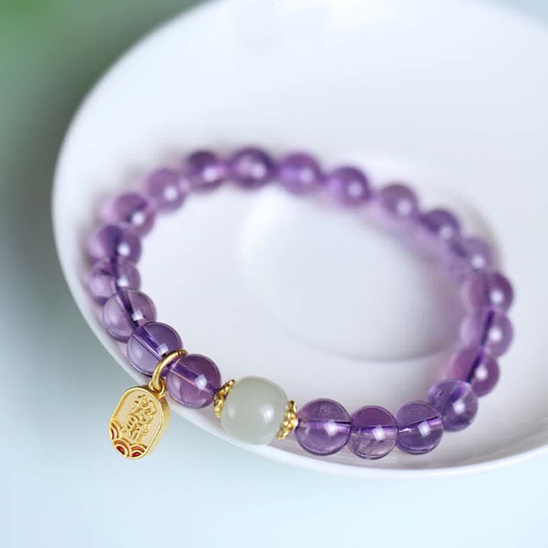 Braccialetto con ciondolo curativo in giada Hetian con cristallo di ametista naturale Buddha Stones