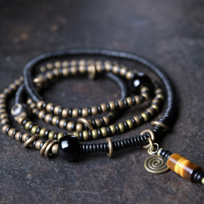 Buddha Stones Legno di ebano Perline Dzi Rame Pace Coppia Bracciale Collana Pendente
