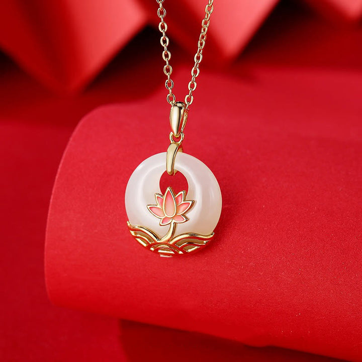 Collana con ciondolo a forma di fiore di loto in giada bianca Hetian, in argento sterling 925, Buddha Stones - Giada bianca di Hetian (Protezione ♥ Felicità) - image 0