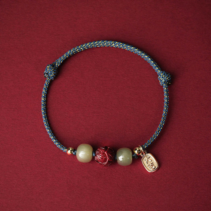 Braccialetto di corda artigianale Buddha Stones in giada Hetian placcato oro 14K, cinabro e loto portafortuna - Corda blu (circonferenza del polso 13-18 cm) - image 7
