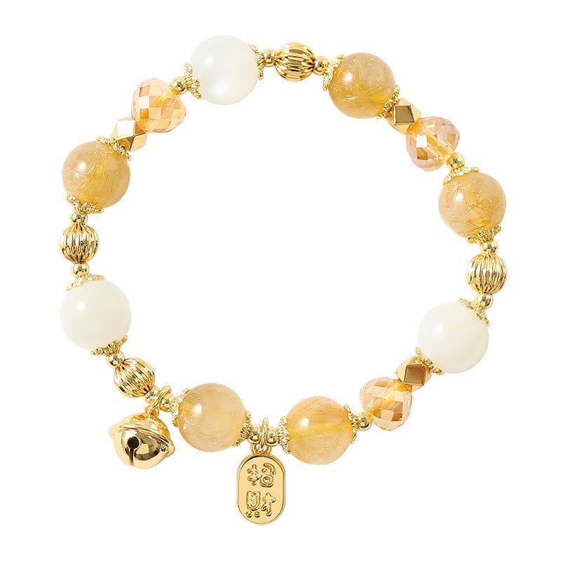 Braccialetto con ciondolo fortunato con campanella della ricchezza in quarzo rutilato dorato placcato oro 14K Buddha Stones