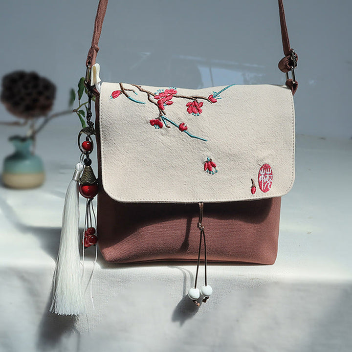 Borsa a tracolla in tela con fiori di prugna ricamati a mano , Buddha Stones, borsa a tracolla