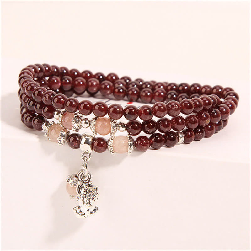 Braccialetto triplo giro con protezione PiXiu , Buddha Stones, granato naturale, quarzo fragola, fagiolini verdi