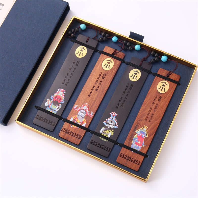 Buddha Stones 4 pezzi Quattro stagioni prugna orchidea bambù crisantemo maschera dell'opera di Pechino segnalibri in legno con scatola regalo